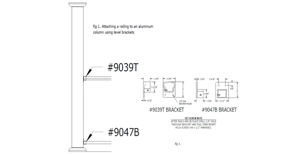 Attaching a railing to an aluminum column using level brackets