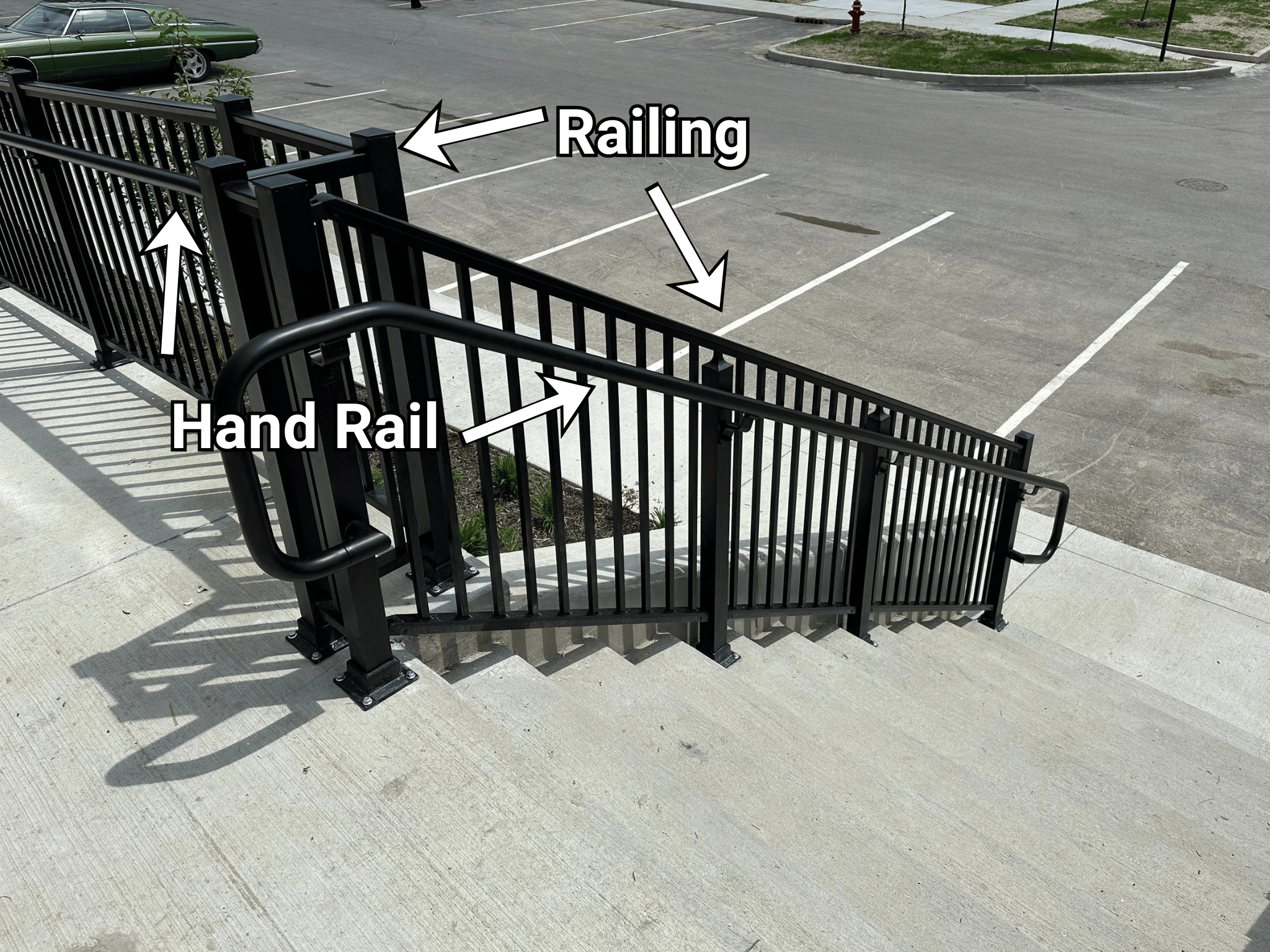 railing and hand rail on a stair application with labels of which is which